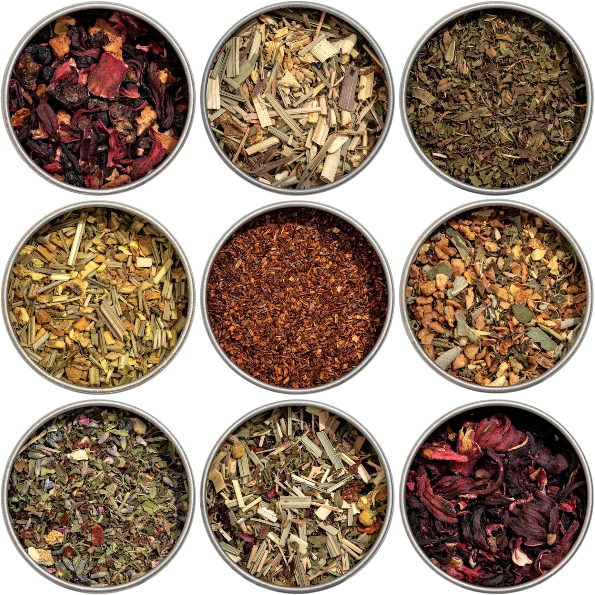 Heavenly Tea Leaves Organic Herbal Loose Leaf Tea Sampler Gift Set (Approx. 90 Cups) | 9 Naturally Caffeine-Free Tisanes | Great Hot or Iced | Assorted Variety Pack | Health & Immune Support
