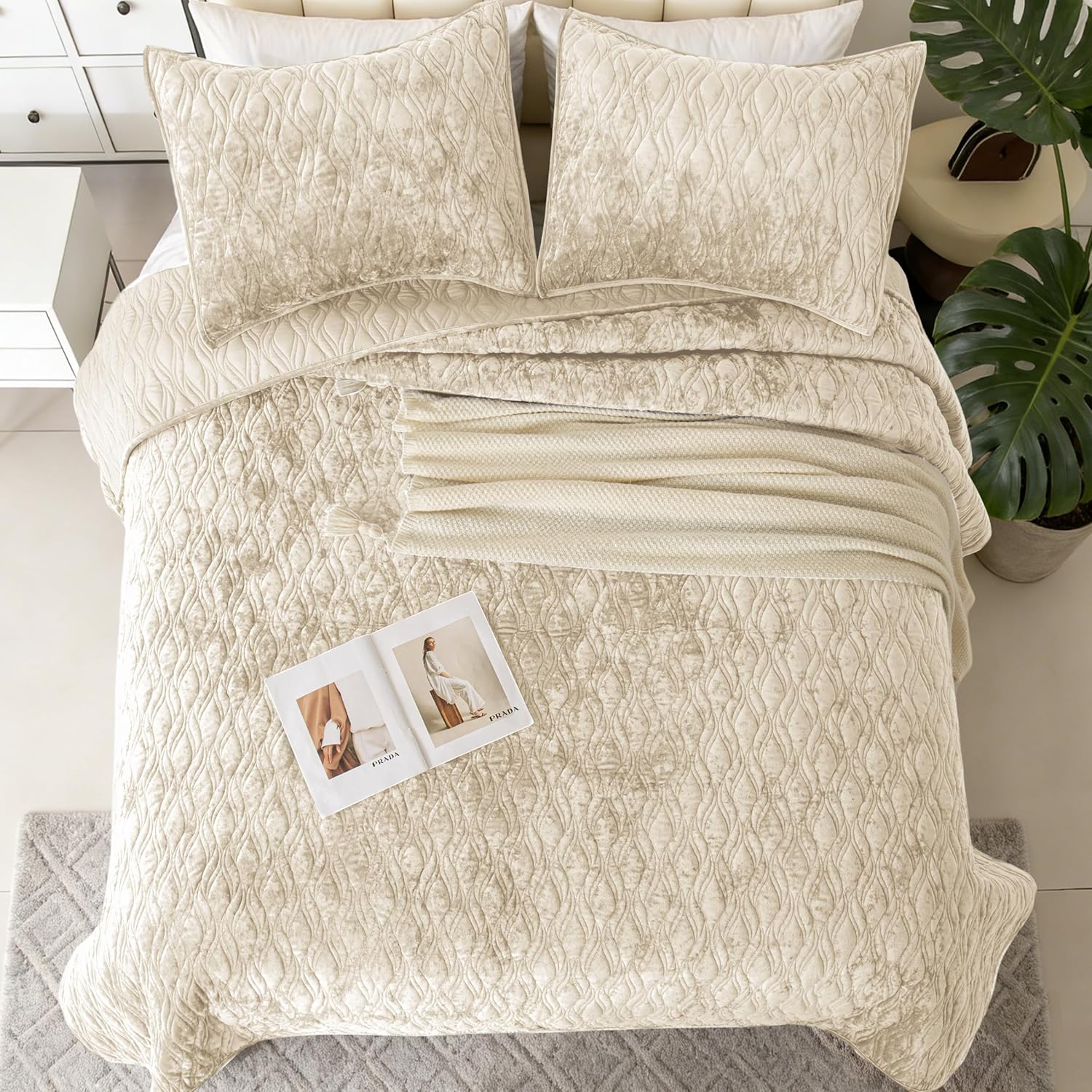 Luxury Oversized King Quilt 120x120 Bedspreads Coverlet Bedding Set Velvet Comforter King Size 3 Pieces Set with 1 Quilted Beauty Bedspreads and 2 Pillow Shams 20x36,Beige - Image 4