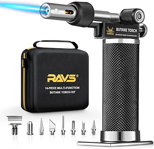 RAVS Kit de Soldador de Butano Inalámbrico, Kit de Soplete de Butano Multifunción de 14 Piezas, Soplete de Soldadura Portátil con Llama Ajustable,