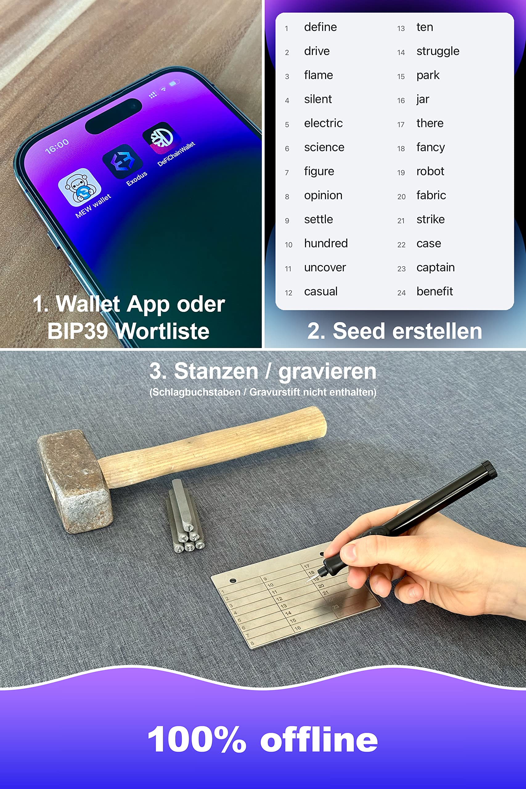 2in1 Steel Wallet aus hochwertigem Edelstahl (gelocht zum Abheften) für Krypto Seeds | BIP39 Steelwallet Crypto Cold Storage Bitcoin & Ethereum - beidseitig lasergraviert