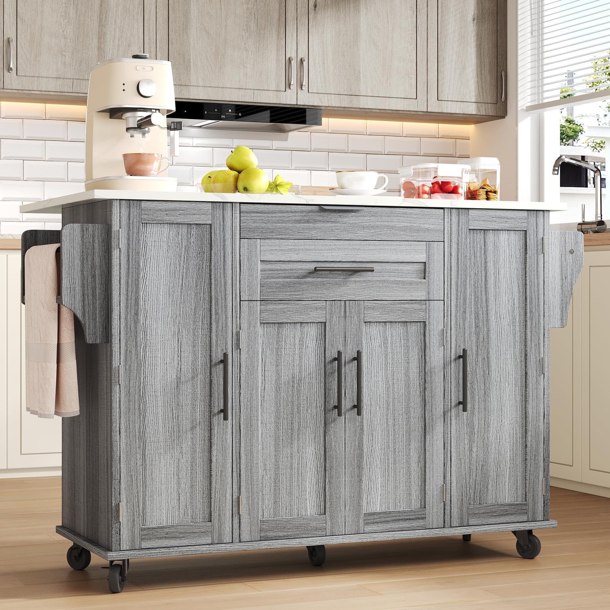 Îlot de cuisine autoportant avec plan de travail pliable, armoire de cuisine sur 5 roulettes, avec étagère et 2 tiroirs, pour cuisine, salle à manger, 136 x 70 x 92 cm (gris)