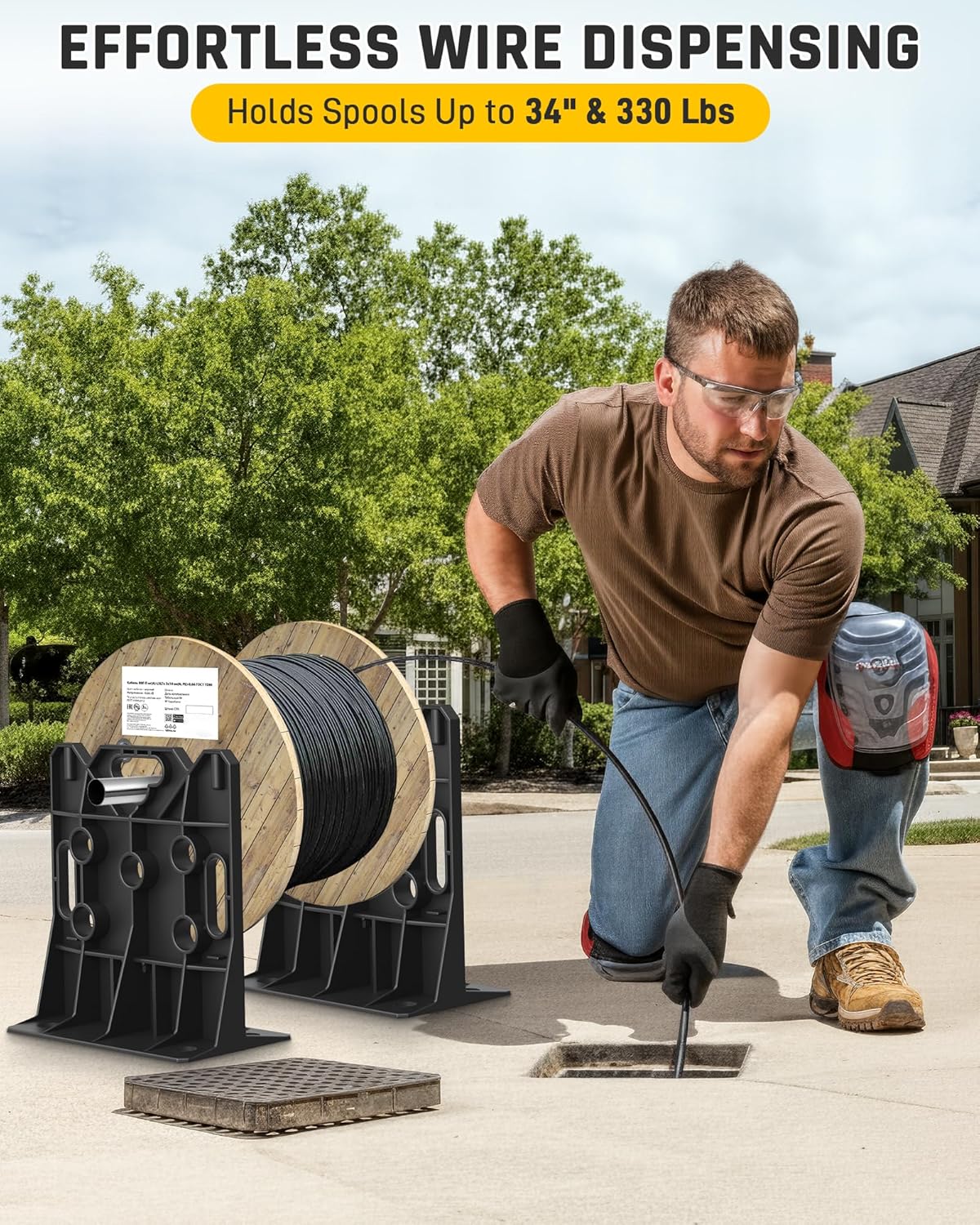 Wyckoff Wire Spool Rack, Electrical Wire Dispenser & Cable Reel Caddy, Multi-purpose Spool Holder Stand Fits up to 34" Reels and Load Capacity 330 LBS -1 Pair (Black)