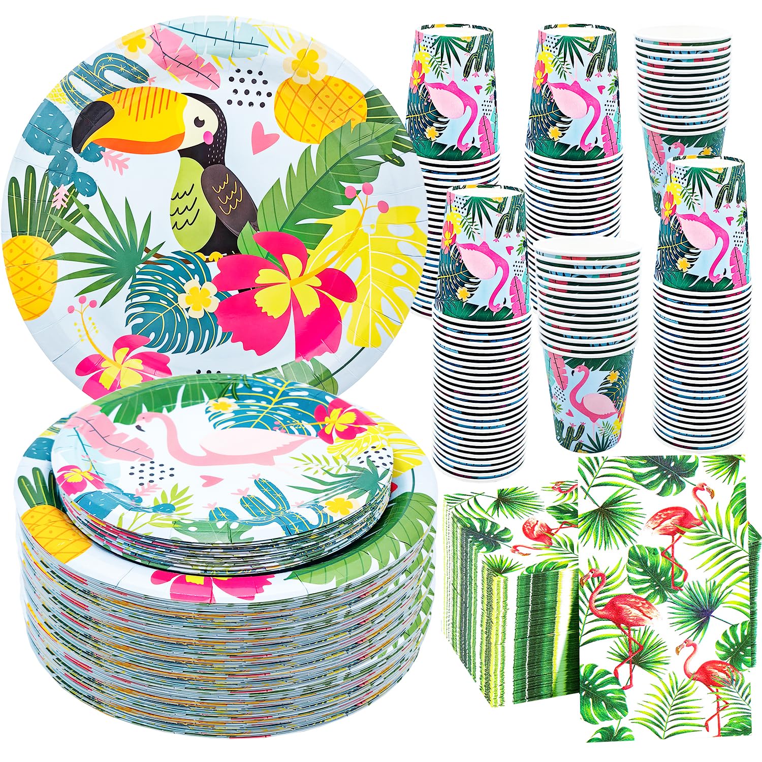 100Pcs Flamingo Birthday Party Supplies Flamingo Paper Plates Set 9"& 7"Flamingo Plates Flamingo Napkins Cups for Hawaiian Themed Luau Flamingo
