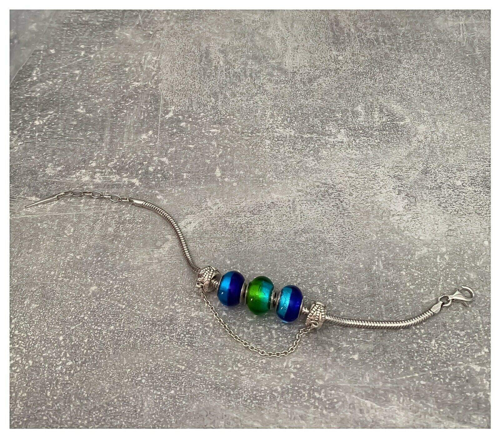 Braccialetto con 3 perle in vetro di Murano autentico e argento 925 rodiato, 18 cm, Argento sterling