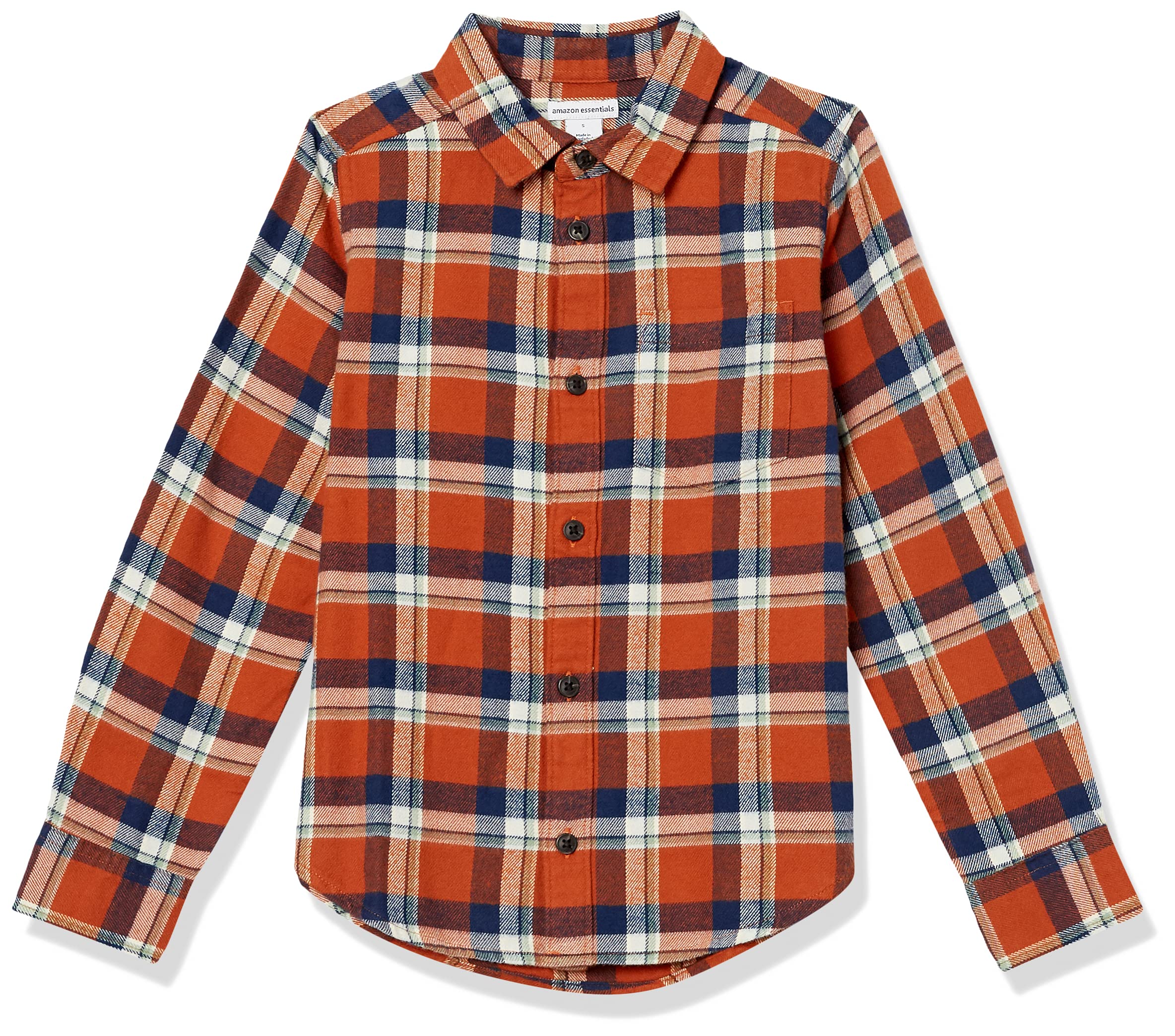 Amazon Essentials Boys' Flannel Button Down Shirt, Navy Orange Plaid, Medium