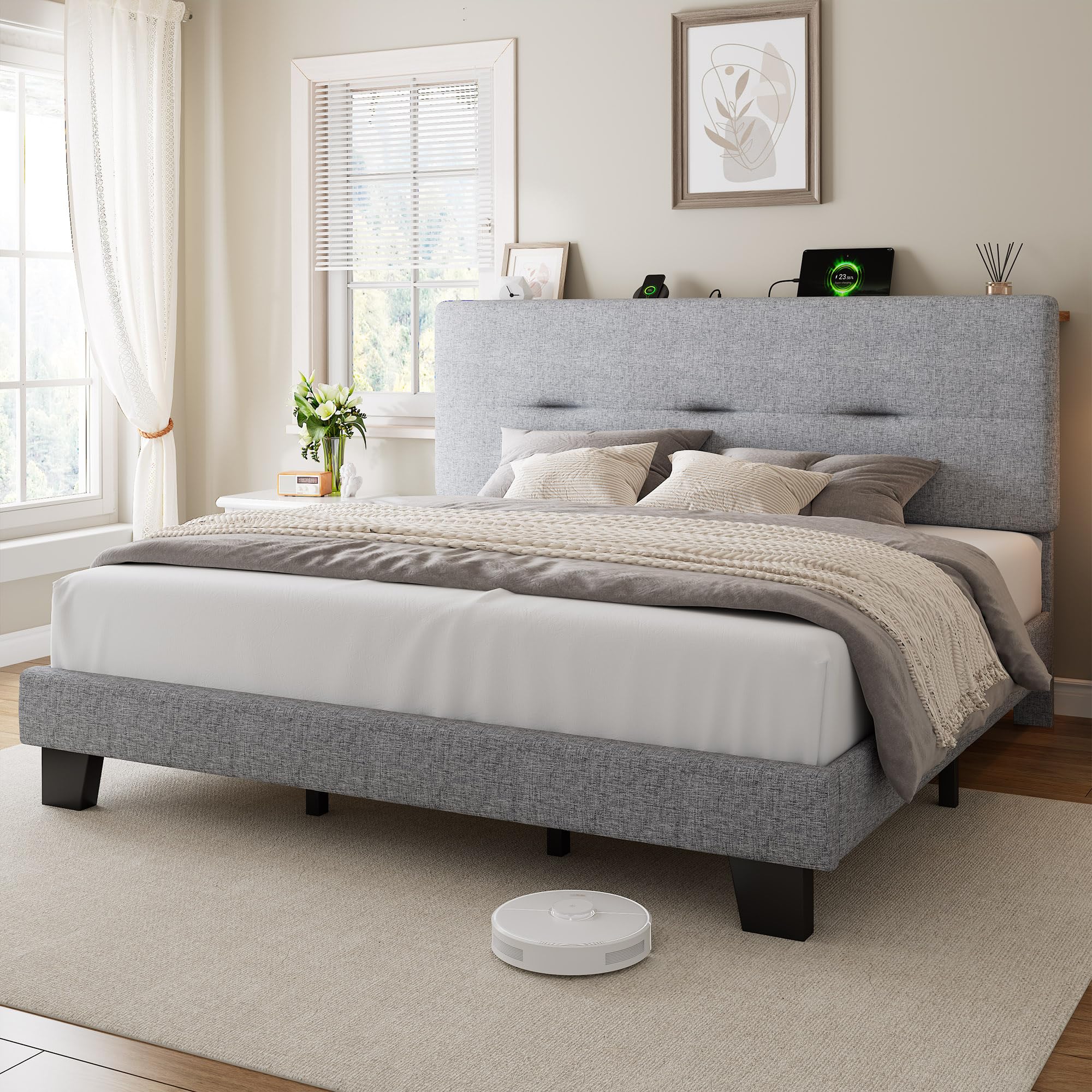 GalnFu Super King Bed Frame with Storage Linen Headboard, Upholstered Platform Superking Bed Frame with Charging Station, Sturdy Wooden Slat Support, No Box Spring Needed, Easy Assembly, light gray