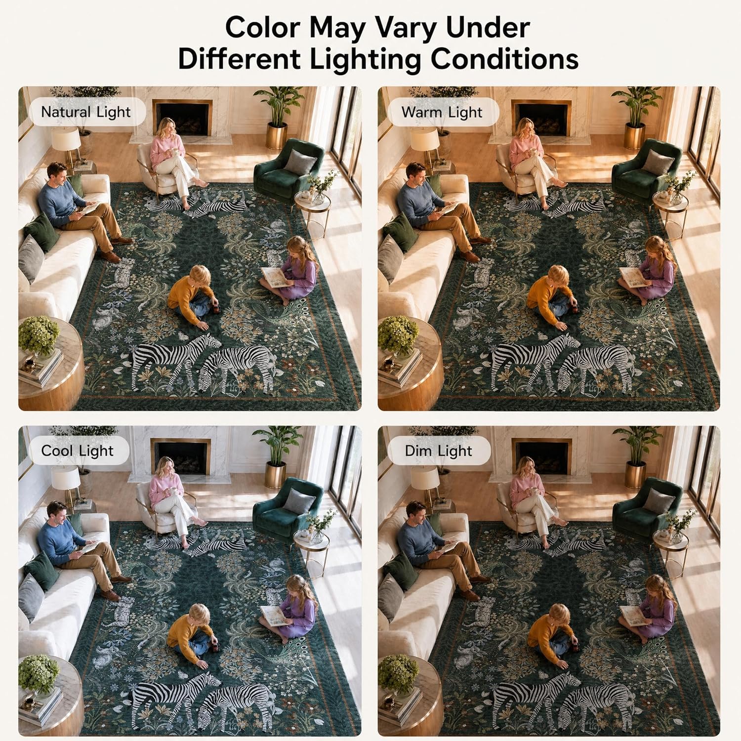 GarveeHome Zebra Green Washable Rugs 8x10 for Playroom Vintage Jungle Woodland Forest Safari Animal Print Rug Low Pile Botanical Kids Rugs for Living Room Kitchen Nursery Room