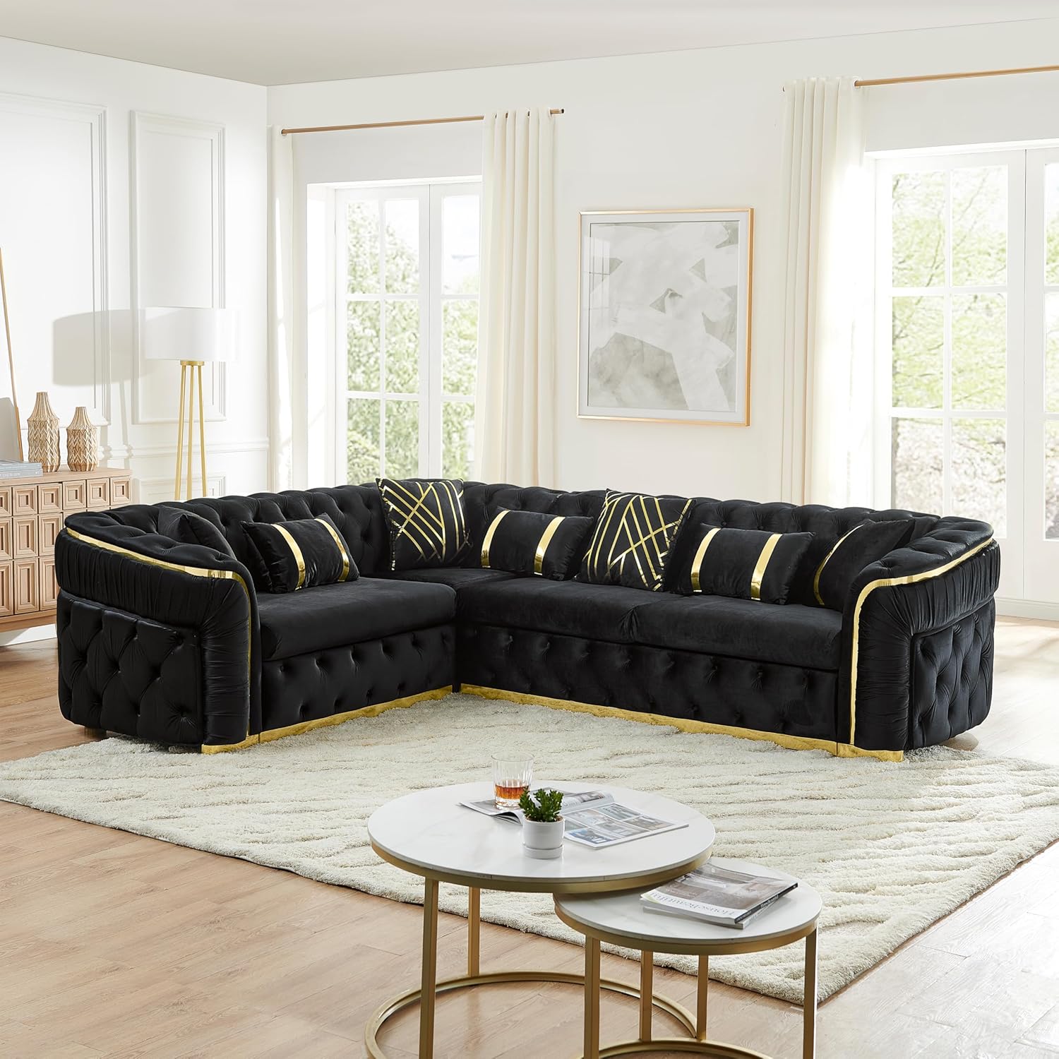 Luxury Tufted Chesterfield Sectional Sofa, L-Shaped Design,Velvet with Gold Trim, Modern Living Room Couch with Decorative Pillows (Black)
