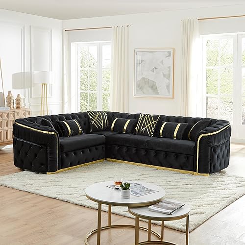 KEIKI Sofá Seccional Chesterfield de Terciopelo de Lujo en Forma de L de 111" con Detalles de Acero Inoxidable Dorado y 7 Almohadas, Sofá de 5