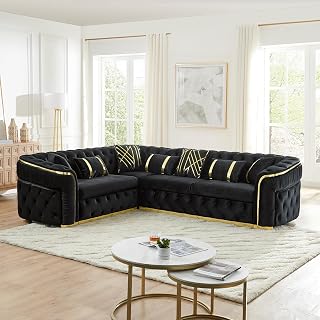 KEIKI 111" L-Shaped Luxury Velvet Chesterfield Sectional Sofa with Gold Stainless Steel Accents and 7 Pillows, Mid-Century Oversized 5-Seater Button Tufted Couch, Easy Assembly, for Living Room, Black