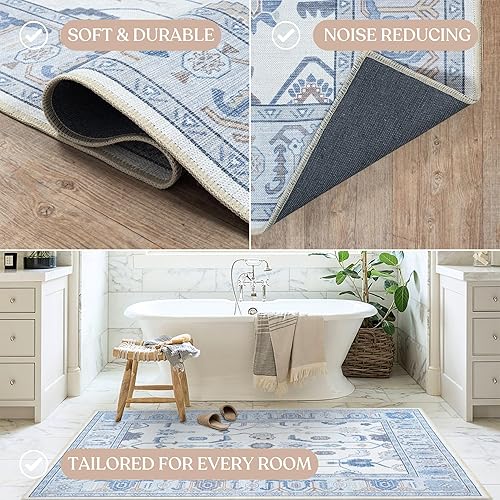 Miniatura 7 de Fame Living Alfombra Oushak azul crema, moderna, pequeña, vintage, turca, ecléctica, floral, pastel, lavable, tapete para puerta de entrada