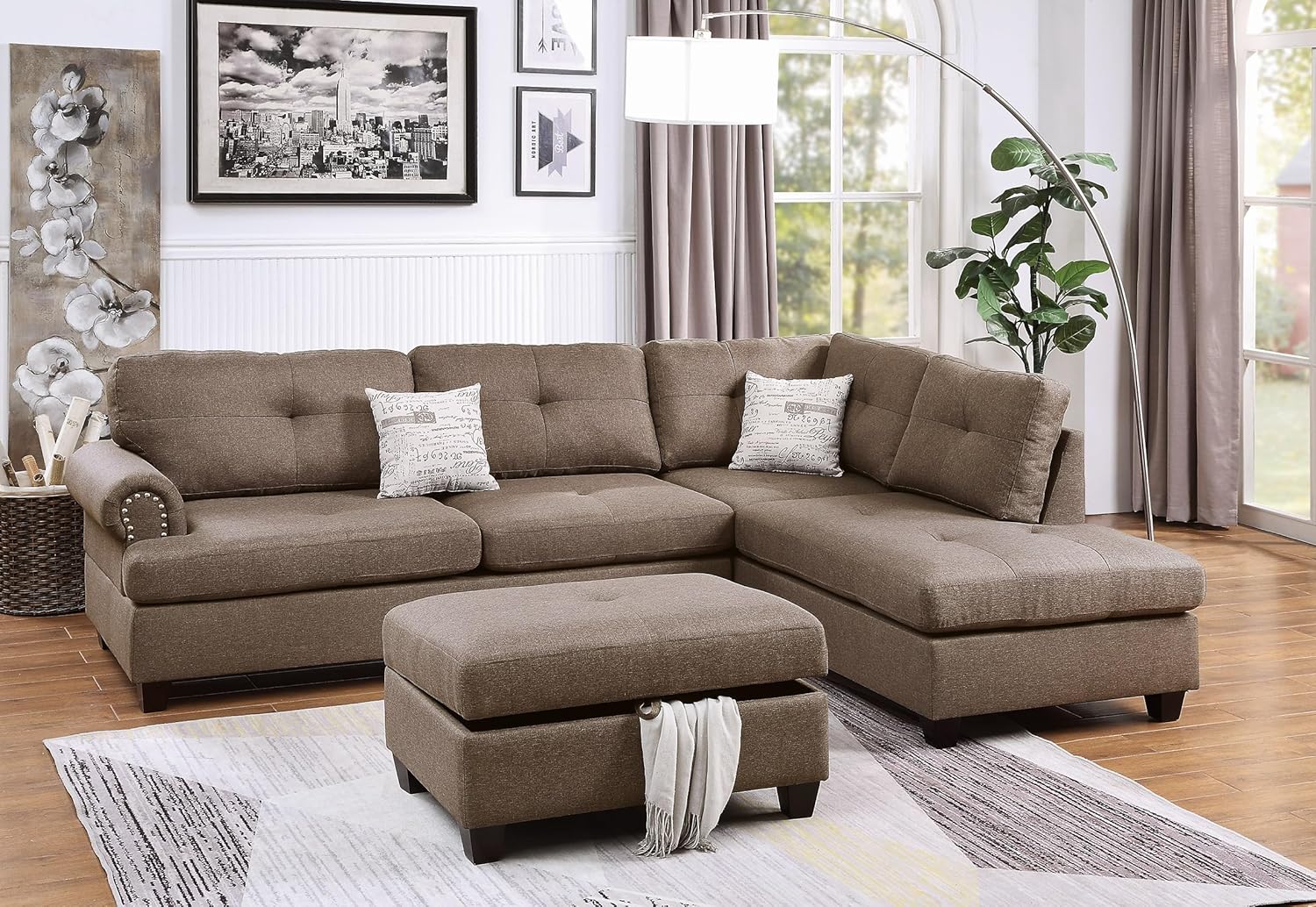 Sofa Set for Living Room Clearance,Reversible Modular Sectional Sofas Bed with Chaise and Ottoman, L-Shaped Sleeper Cloud Couch for Bedroom,5 Seat Boneless Couches, Modern Furniture Sets,Mocha
