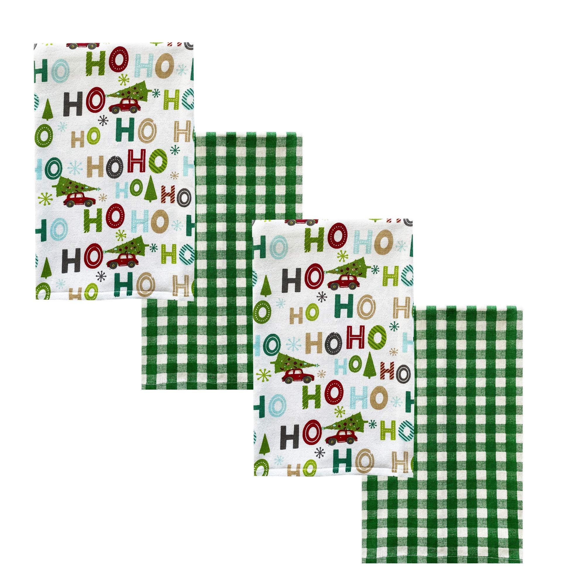 LintexHoHoHo Fun Christmas Tree Print 4 Piece 100% Cotton Oversized Dish Towel Set - 2 HoHoHo and 2 Hunter Xmas Stripe Winter Holiday Fast Drying Kitchen Towels, HoHoHo/Stripe 4 Pack Set