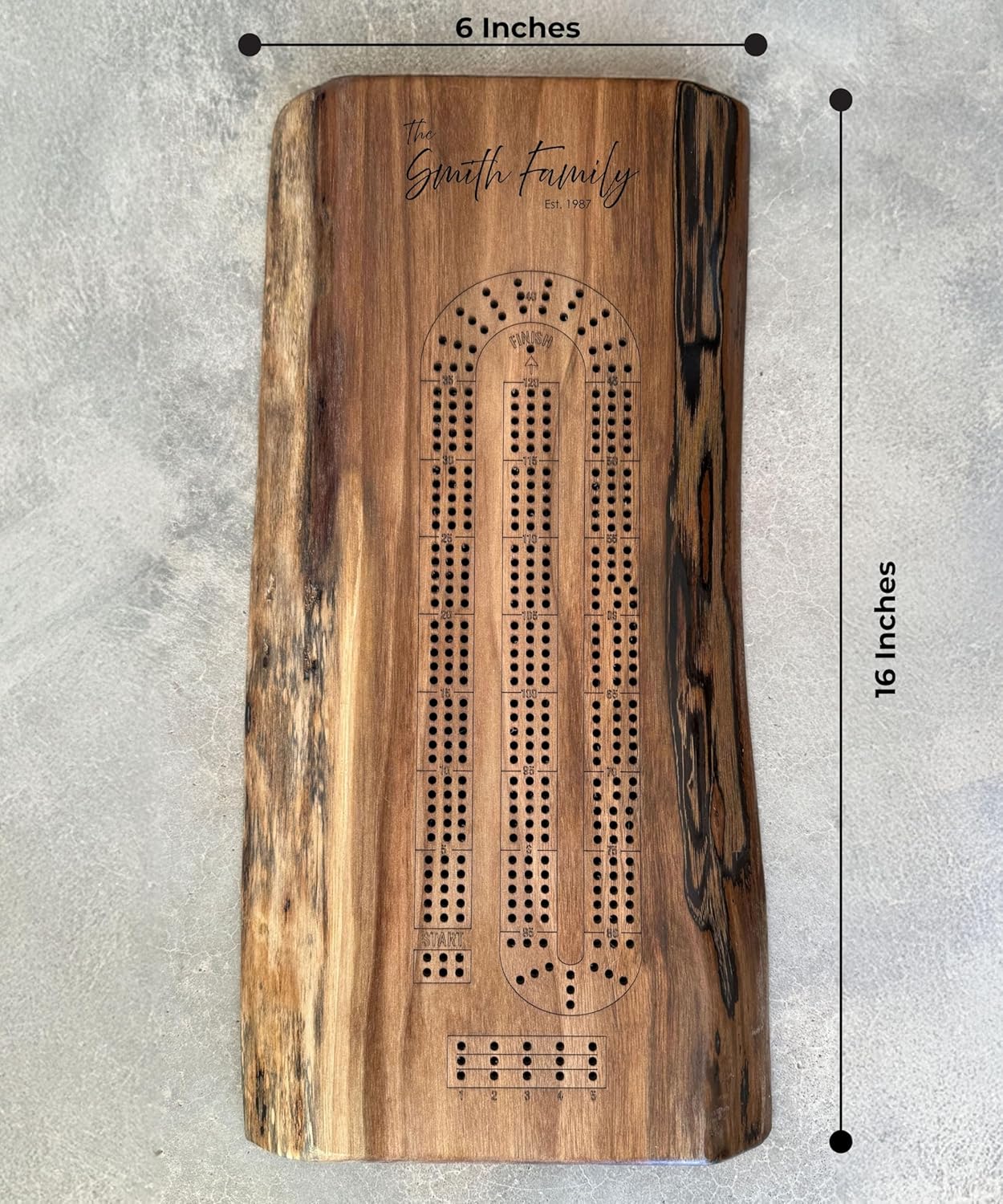 Personalized Cribbage Board Set, Solid Black Walnut Wood Live Edge Crib Boards, 3 Track Rustic Game Board with Cards, Pegs & Carry Pouch, Custom Engraved Gifts, Family Game. Roots To Table