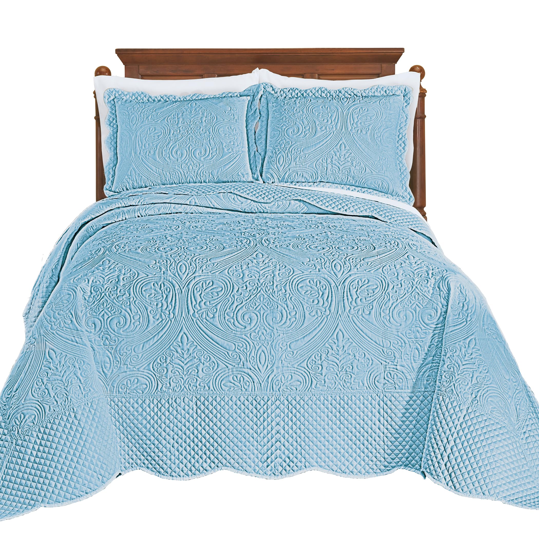Collections Etc Luxe Textured Diamond Design Scalloped Edge Oversize Bedspread Blue Queen