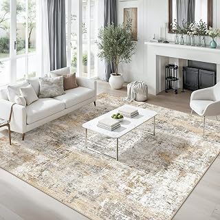 10x10 ft Square Living Room Rug – Washable Modern Abstract Area Rug for Bedroom, Dining Room, Playroom – Neutral Non-Slip Low-Pile Thin Indoor Carpet (Gold Grey)