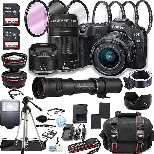 Canon EOS R8 Mirrorless Digital Camera with RF 24-50mm f/4.5-6.3 is STM Lens + 75-300mm Lens + 420-800mm Super Telephoto Lens + 128GB Memory + Case + Tripod + Filters (45pc Bundle)