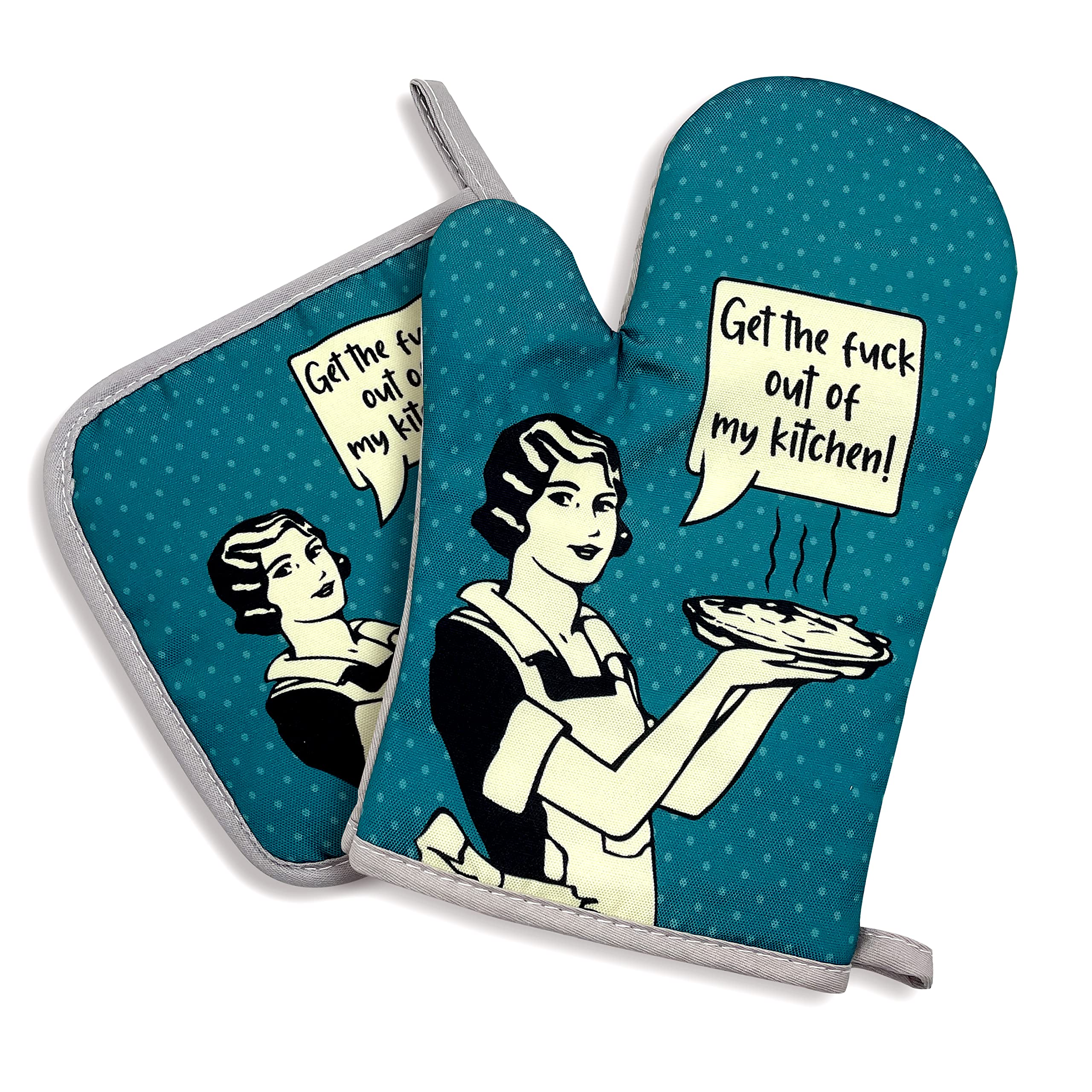 Lustige Ofenhandschuhe 'Get The FXXK Out Of My Kitchen' – 2er-Set Aus Silikon & Baumwolle, Hitzebeständig Bis 200°C, Inkl. Topflappen
