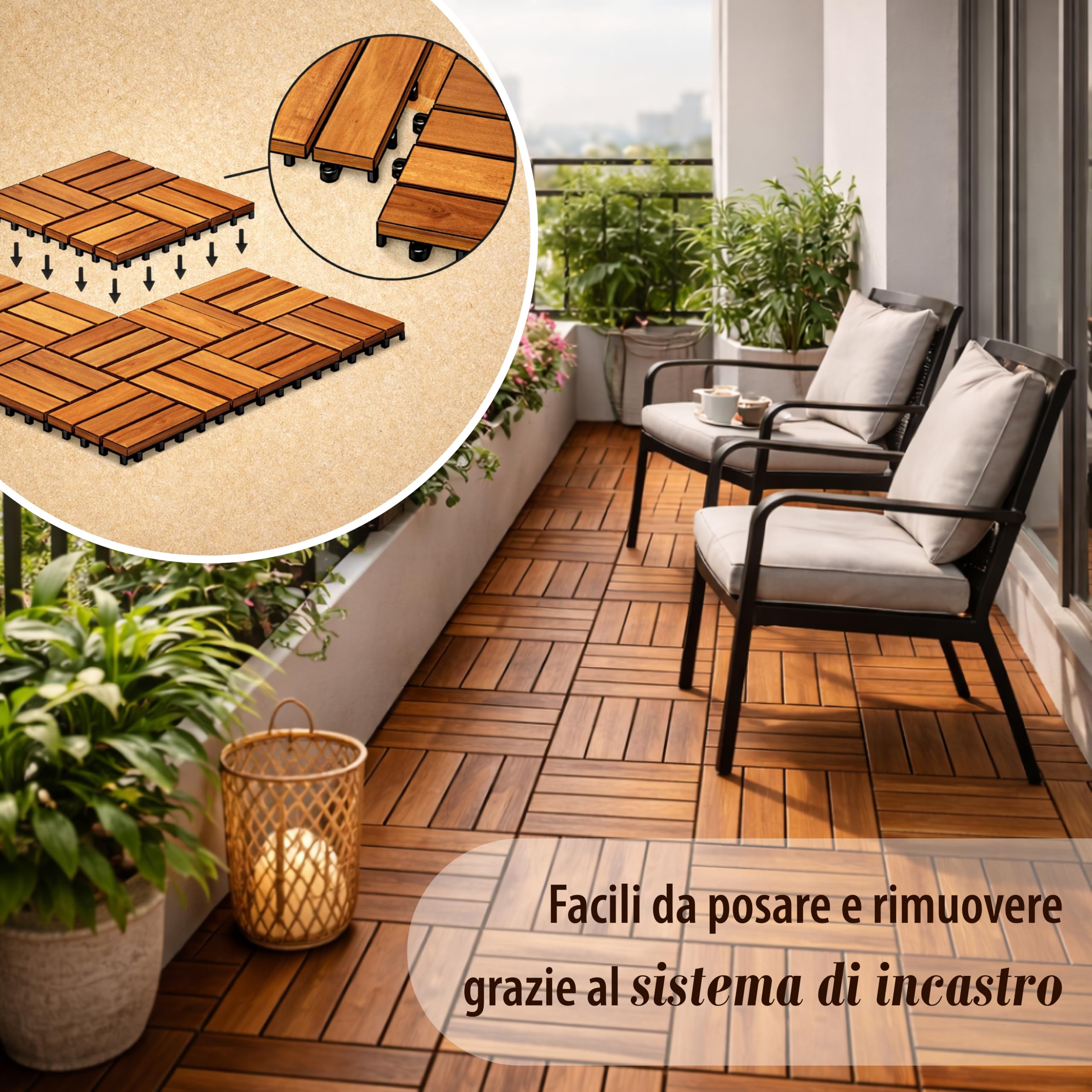 Ma Maison Set di Piastrelle in Legno di Acacia 30x30x2h cm - 12 Dogne Ciascuna, Pavimento Esterno, Giardino, Sistema a Incastro, per Terrazza, Patio, Resistente - Set da 48PZ - 4