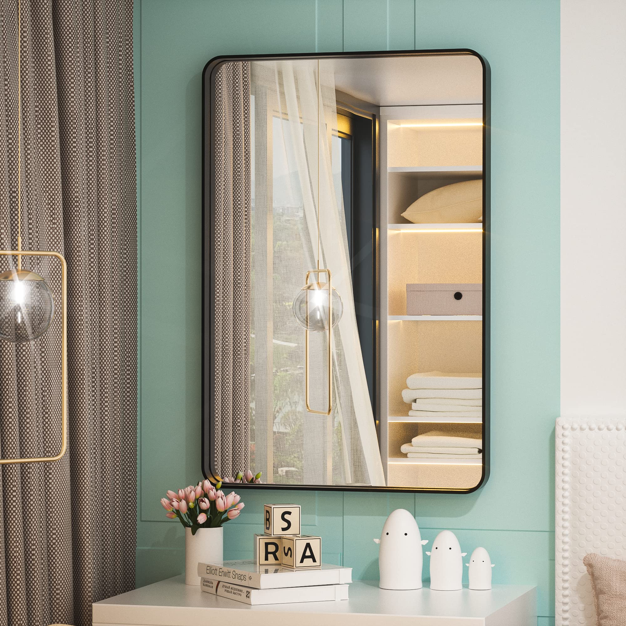 TETOTE Black Framed Bathroom Mirror, 24x36 Inch Matte Metal Frame Vanity Mirror, Farmhouse Wall Mounted Rectangle Mirror (Horizontal/Vertical)