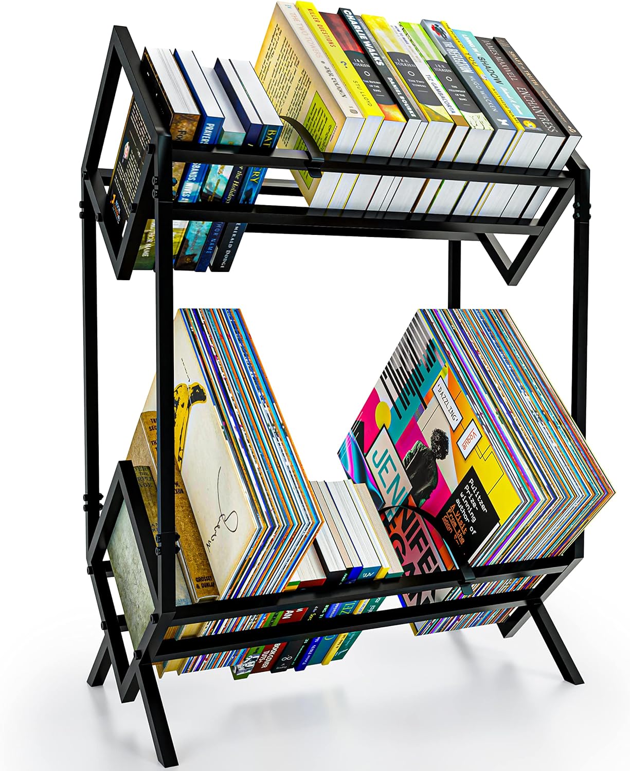 SAYONEYES Matte Black Vinyl Record Storage Two Tier Metal Record Holder 160200 LP Retro