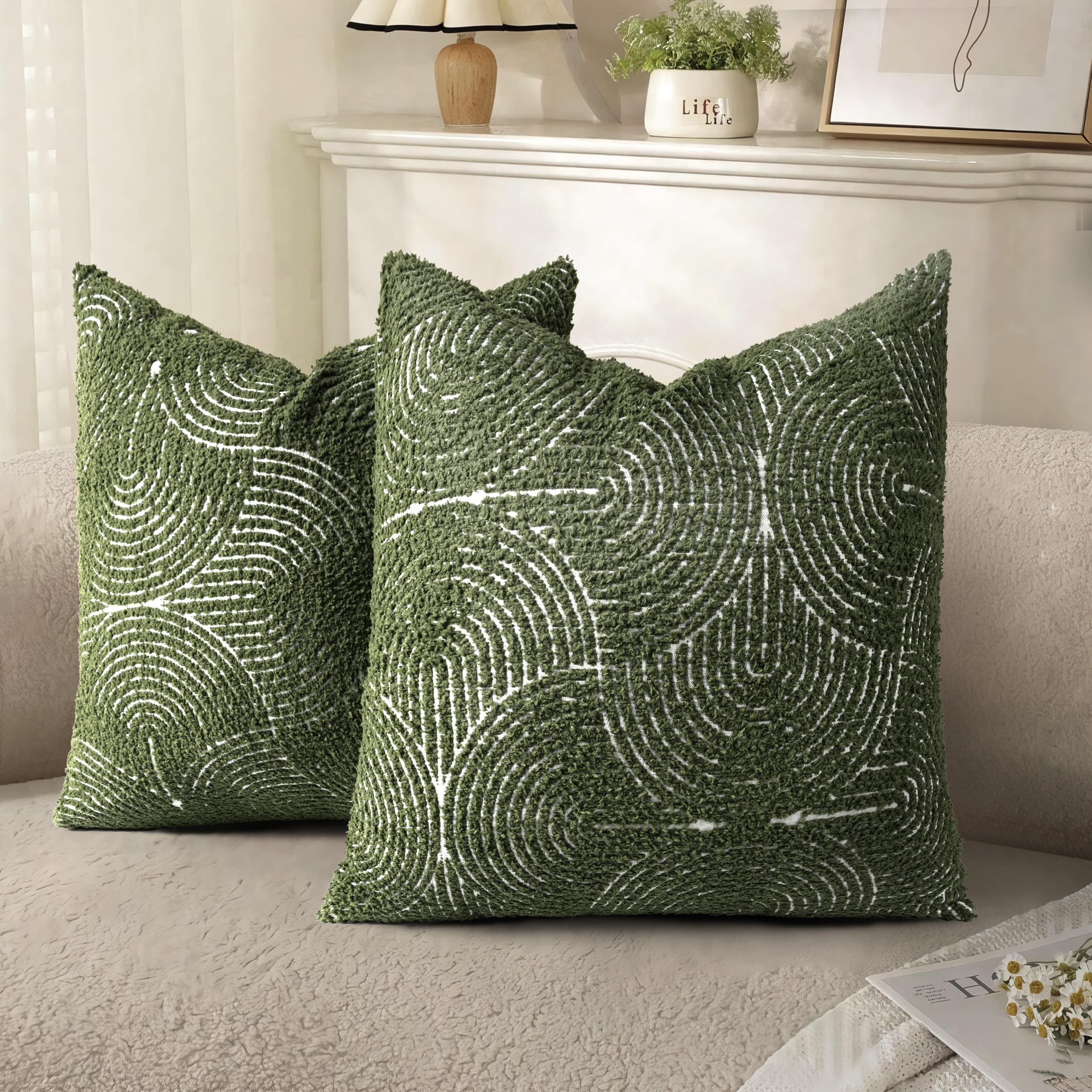 AELS Boho Decorative Textured Throw Pillow Covers 18x18, Modern Mid Century Rainbow Tufted Pillow Case, Farmhouse Rustic Geometric Woven Cushion Case for Bed Couch Sofa, Olive Green