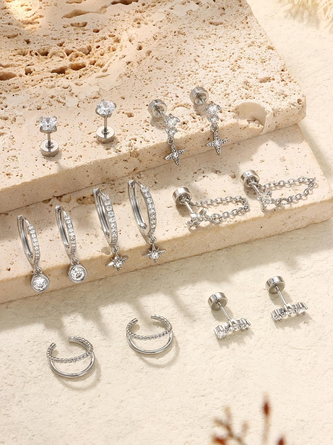 Dochais Flat Back Cartilage Earrings for Women Trendy Dainty CZ Flatback Studs Earing Sets 14k Gold Plated Hypoallergenic Huggie Hoops Earring Stacks for Multiple Piercing - Image 6