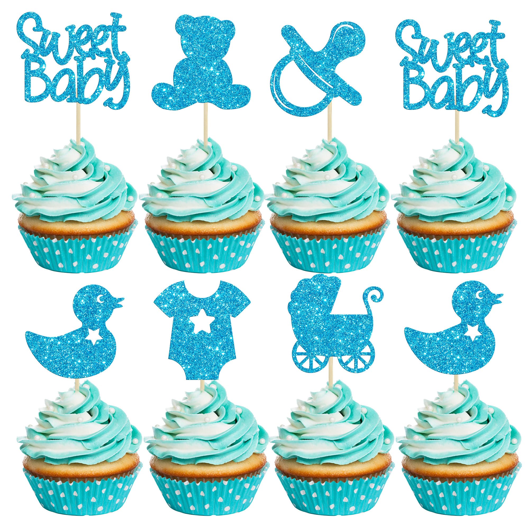 Gyufise 36Pcs Sweet Baby Cupcake Toppers Glitter Bear Pacifier Baby Carriage Cupcake Picks Baby Shower Cake Decorations for Gender Reveal Baby Shower Kids Birthday Party Supplies Blue