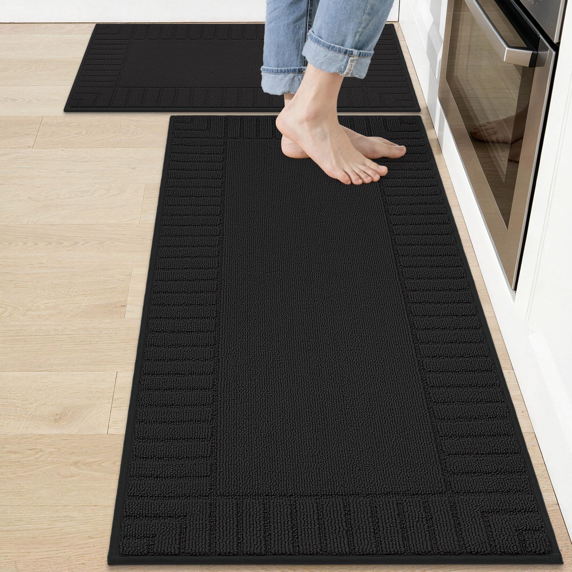 BEQHAUSE Lot de 2 Tapis de Cuisine lavables antidérapants avec Dos antidérapant en TPR (Noir, 50cm*76cm+50cm*120cm)
