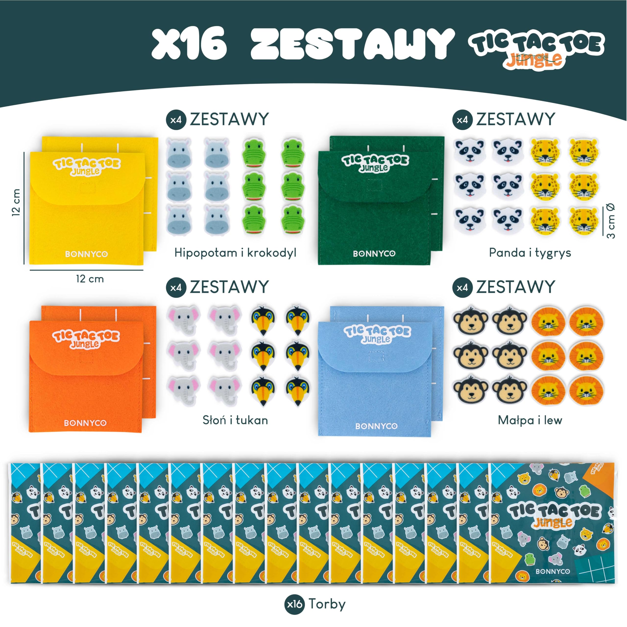 BONNYCO Kółko i Krzyżyk Z Jungle Zwierząt do Torebki na Urodziny Dzieci Unisex Zestaw 16. Prezenty do Torebki dla Dzieci, Upominki na Przyjęcia. Gotowe Zestawy, Pinata Filler Nagrody