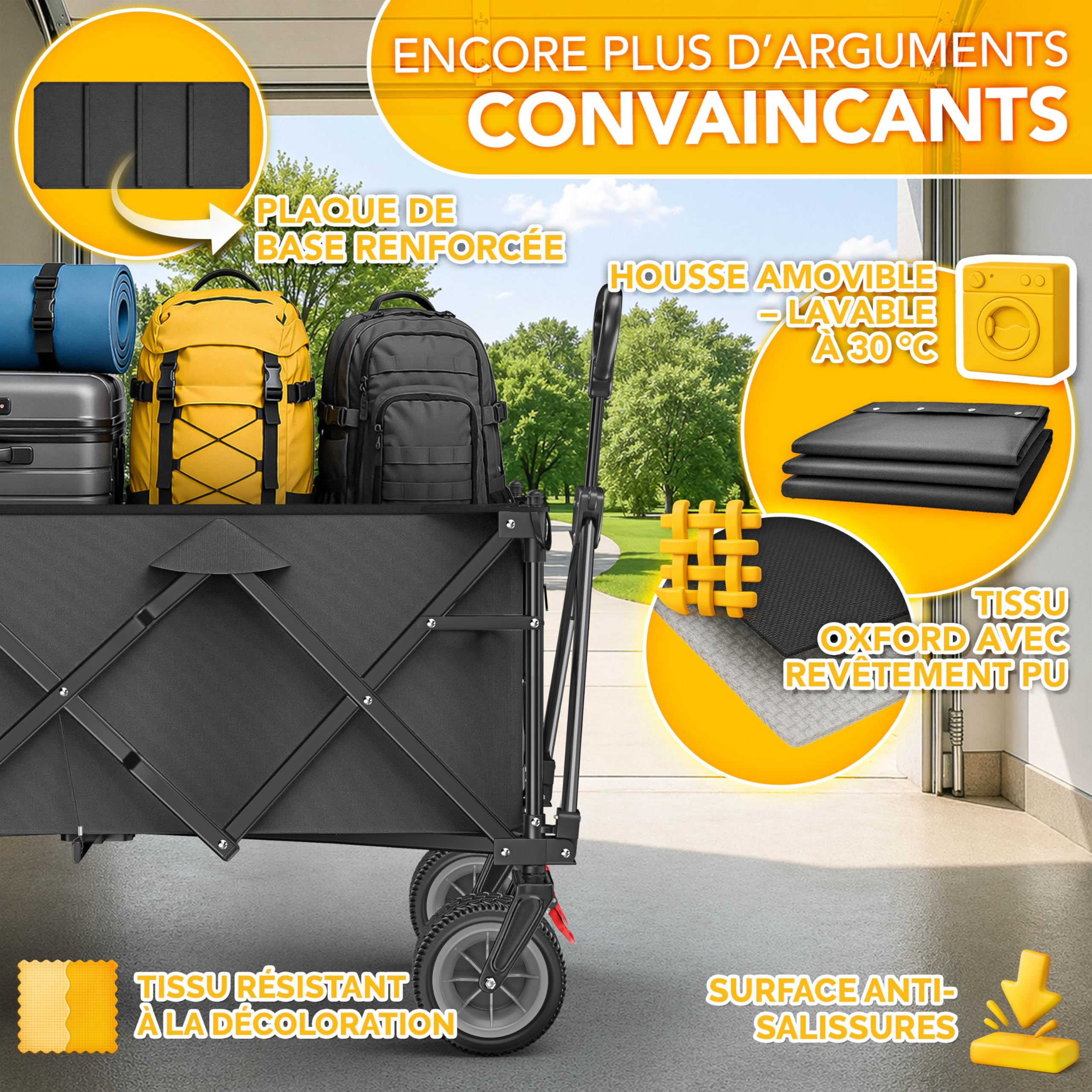 TRESKO® Chariot de transport pliable 215 L avec frein | Chariot à main pliable 150 kg avec pneus en caoutchouc plein | Chariot de plage pliable extra large tout-terrain | Chariot de transport avec sac