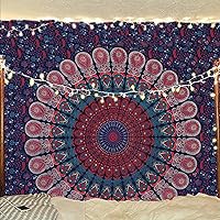 Vista 19 de Bless International - Tapiz de cama para colgar en la pared con mandala de pavo real bohemio y psicodélico (azul dorado, rosa, tamaño Queen