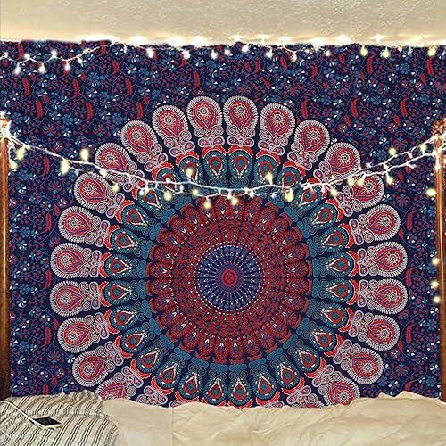 Miniatura 39 de Tapiz hippie indio bohemio psicodélico dorado mandala de pavo real azul dorado para colgar en la pared (naranja marrón, King (88 x 104 pulgadas)