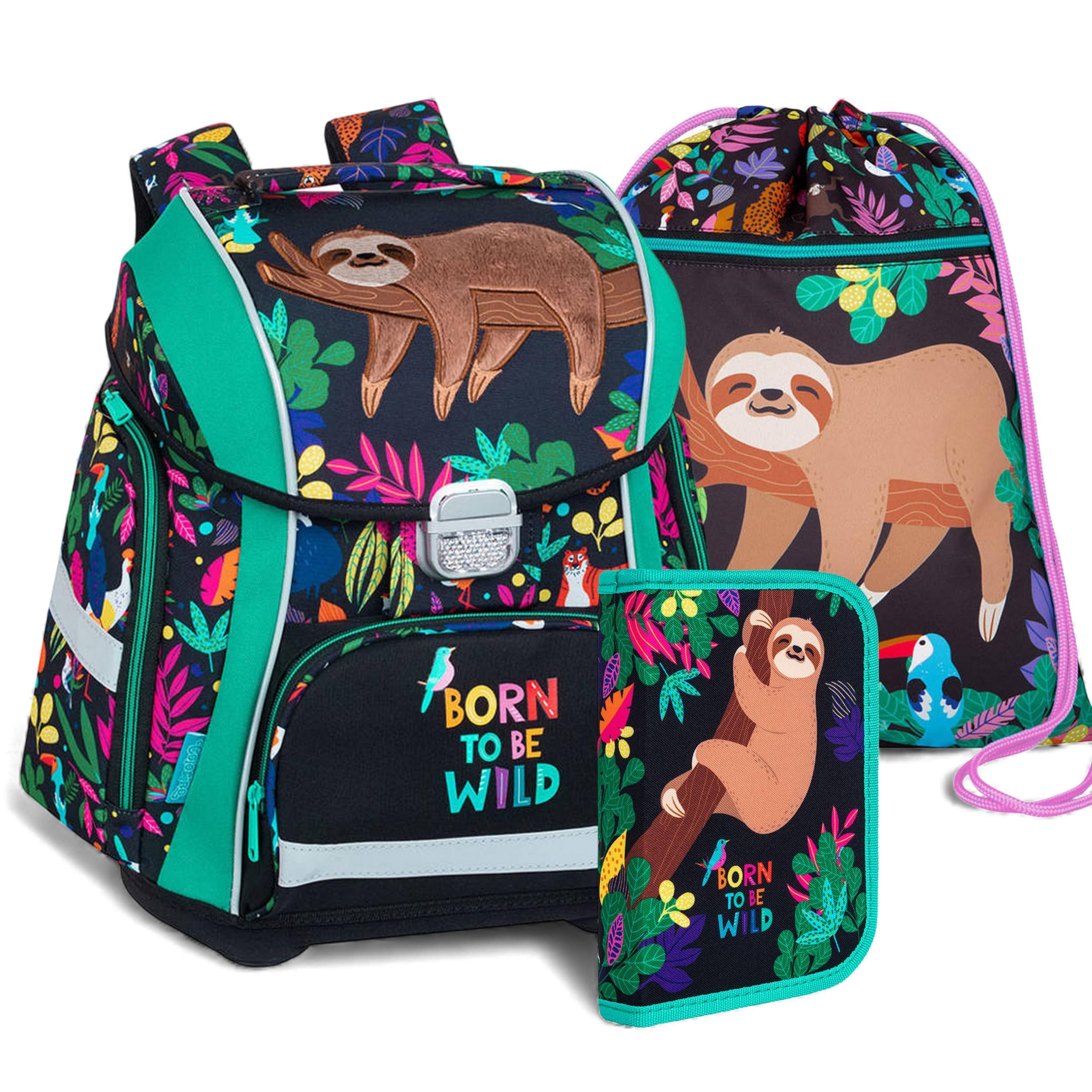 itenga Grundschul Ranzen Set - Schulranzen Set 3 teilig für Jungen und Mädchen mit Mäppchen Etui und Turnbeutel (Motiv Faultier - WILDKID)