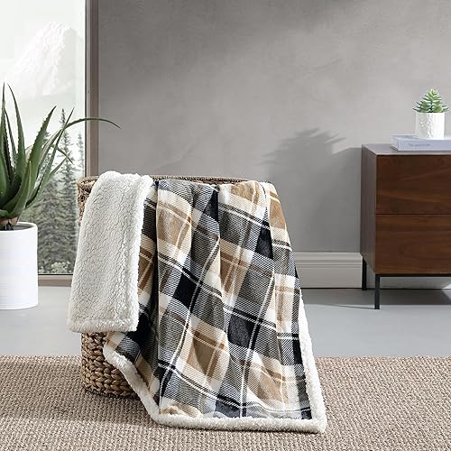 Miniatura 8 de Eddie Bauer Manta reversible de vellón sherpa, ropa de cama y decoración del hogar, para todas las estaciones, (Rugged Plaid Beige), beige a cuadros