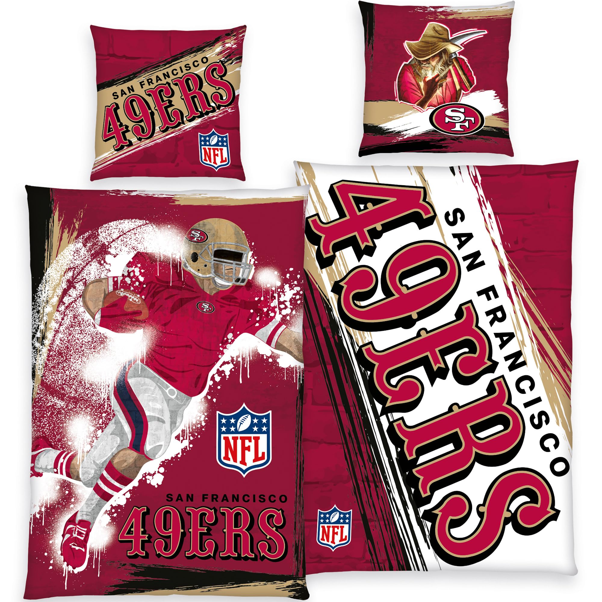 NFL pościel San Francisco 49ers Player 135 x 200 cm + 80 x 80 cm 100% bawełna w jakości renforcé-linon zamek błyskawiczny American Football Fan Super Bowl Sourdough Sam dwustronna poszewka w rozmiarze