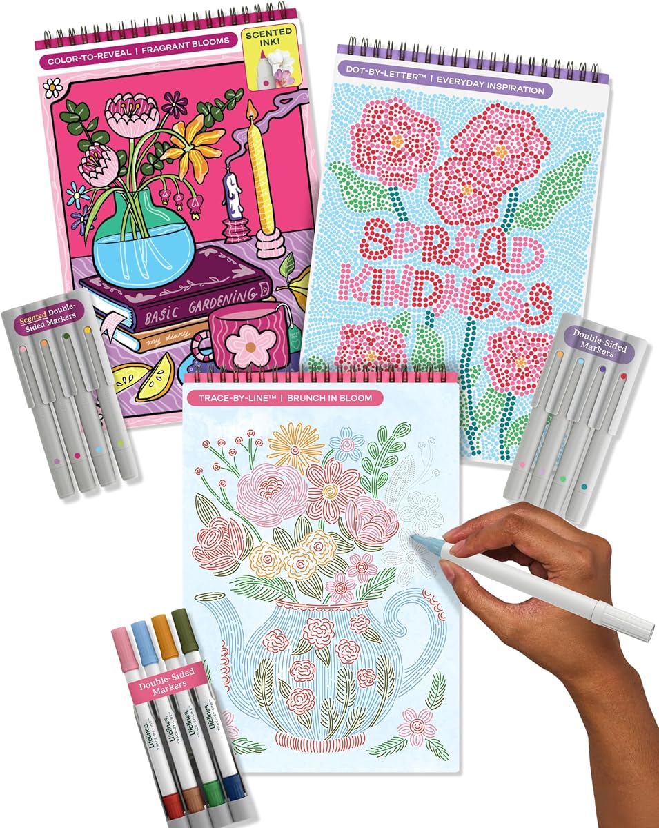 Lifelines FlowArt Activity Pads, 3-Pack, Dot-by-Letter Coloring Books | 12 Double-Sided Markers, 60 Scenes - Guided Dot Art Meditations for Tweens, Adults & Seniors - Patent-Pending