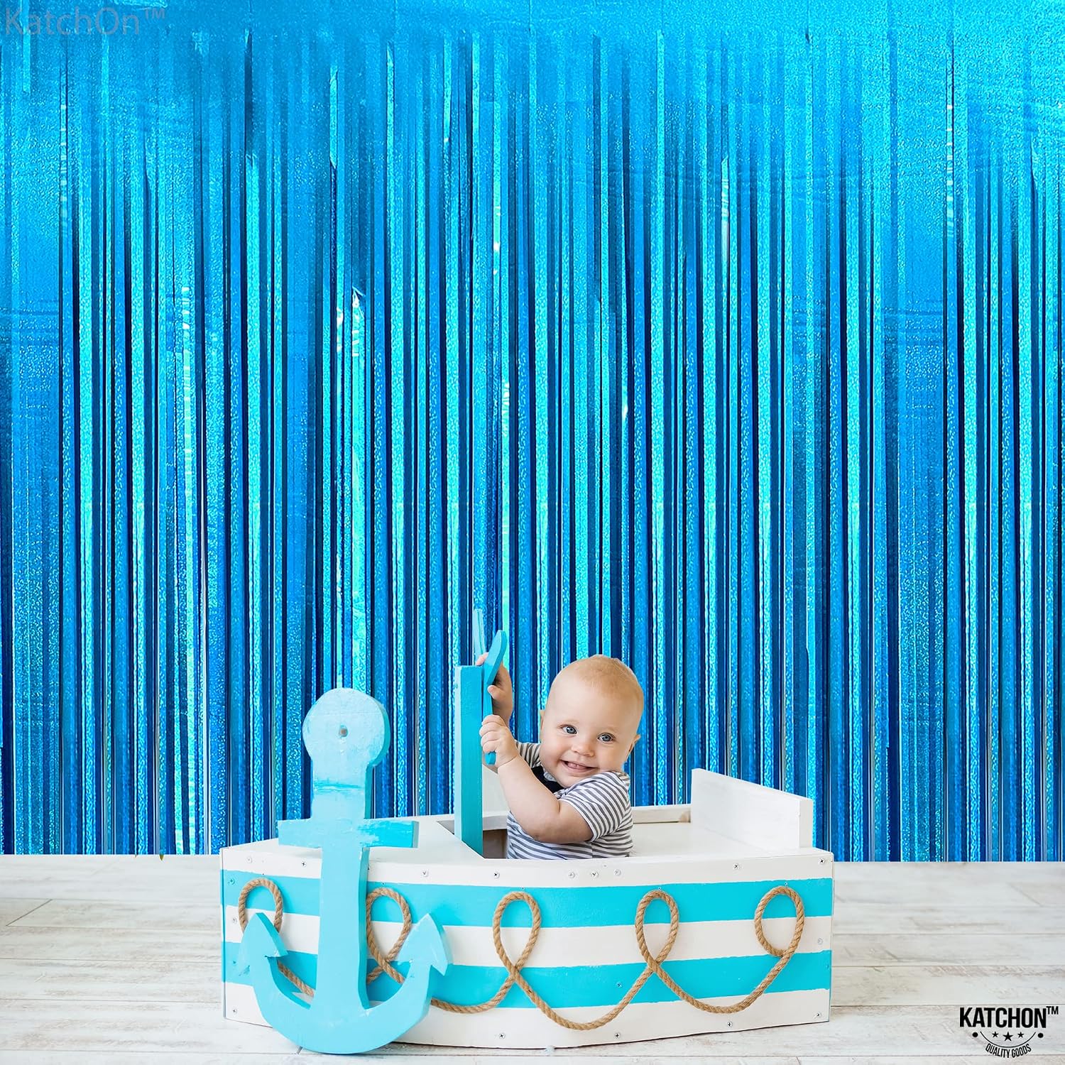 Katchon, Xtralarge Iridescent Blue Backdrop Curtain - 3.2x8 Ft, Pack of 2 | Blue Streamers for Under The Sea, Beach, Summer Party Decorations | Streamer Backdrop for Gender Reveal, Baby Shower Decor