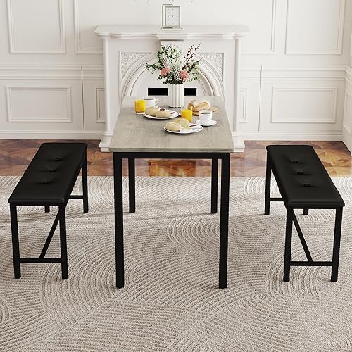 Miniatura 9 de Juego de mesa de comedor para 4, mesa de cocina con 2 bancos, muebles de comedor de madera de 3 piezas, juegos de sillas de comedor para rincón de