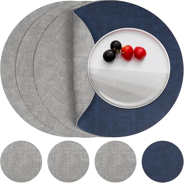 Myir JUN Leather Placemats and Coaster Set of 4, Table Mats Round Waterproof Dual Sided Kitchen Place Mats Coffee Mats Heat Resistant Placemat Non-Slip Washable (set of 4, Gray Blue)