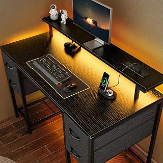 Huuuger 47 Inch Gaming Desk with 4 Drawers, RGB LED Lights, Power Outlets & Monitor Stand - Black Home Office Computer Desk