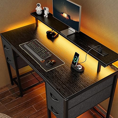 Huuger 47 inch Computer Desk with 4 Drawers, Gaming Desk with LED Lights & Power Outlets, Home Office Desk with Large Storage Space for Bedroom, Work from Home, Black - 47 inch - Black