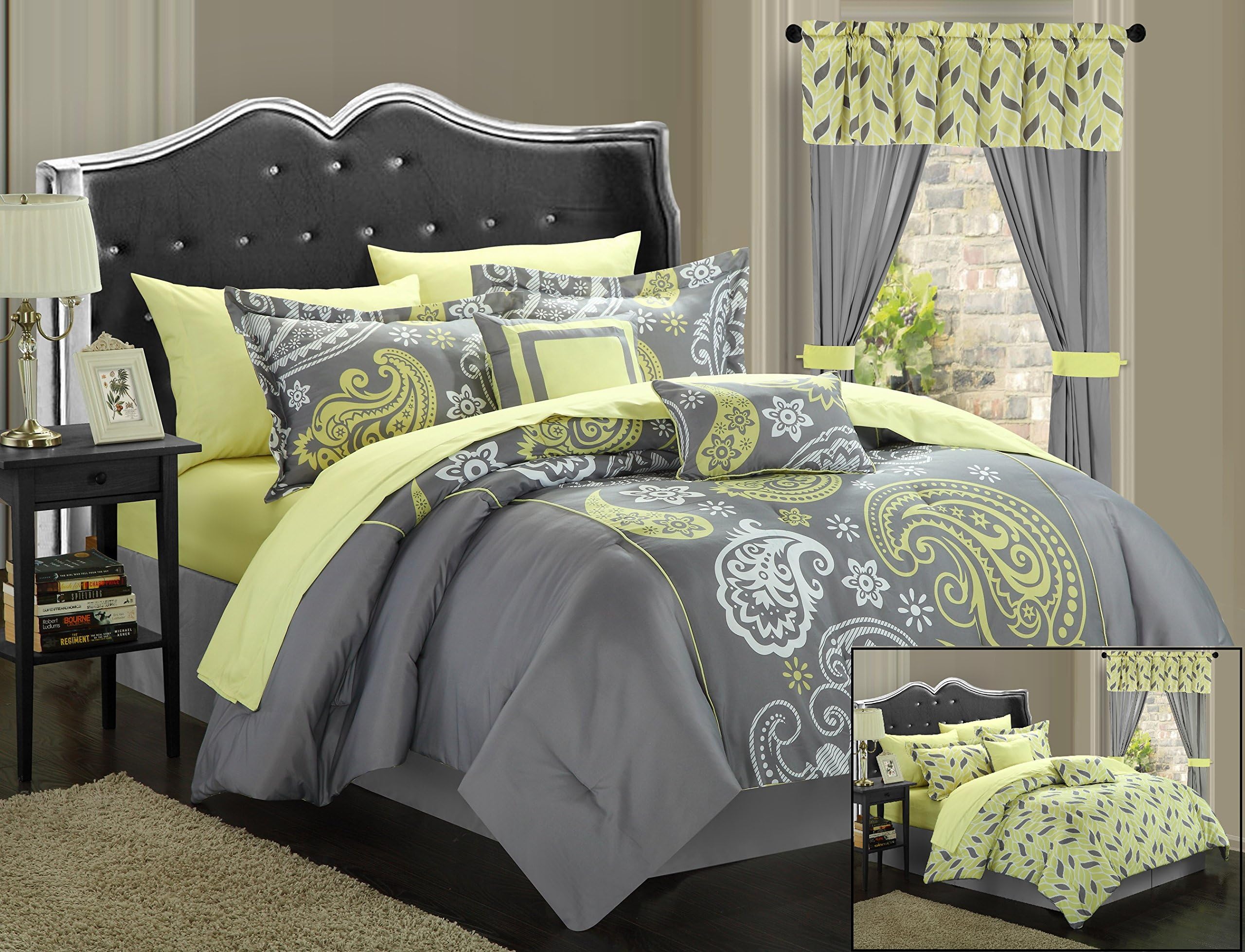 Olivia 20-Piece Comforter Set Reversible Paisley Print Complete Bed in a Bag with Sheet Set, Window Treatments, and Decorative Pillows, King Grey/Yellow