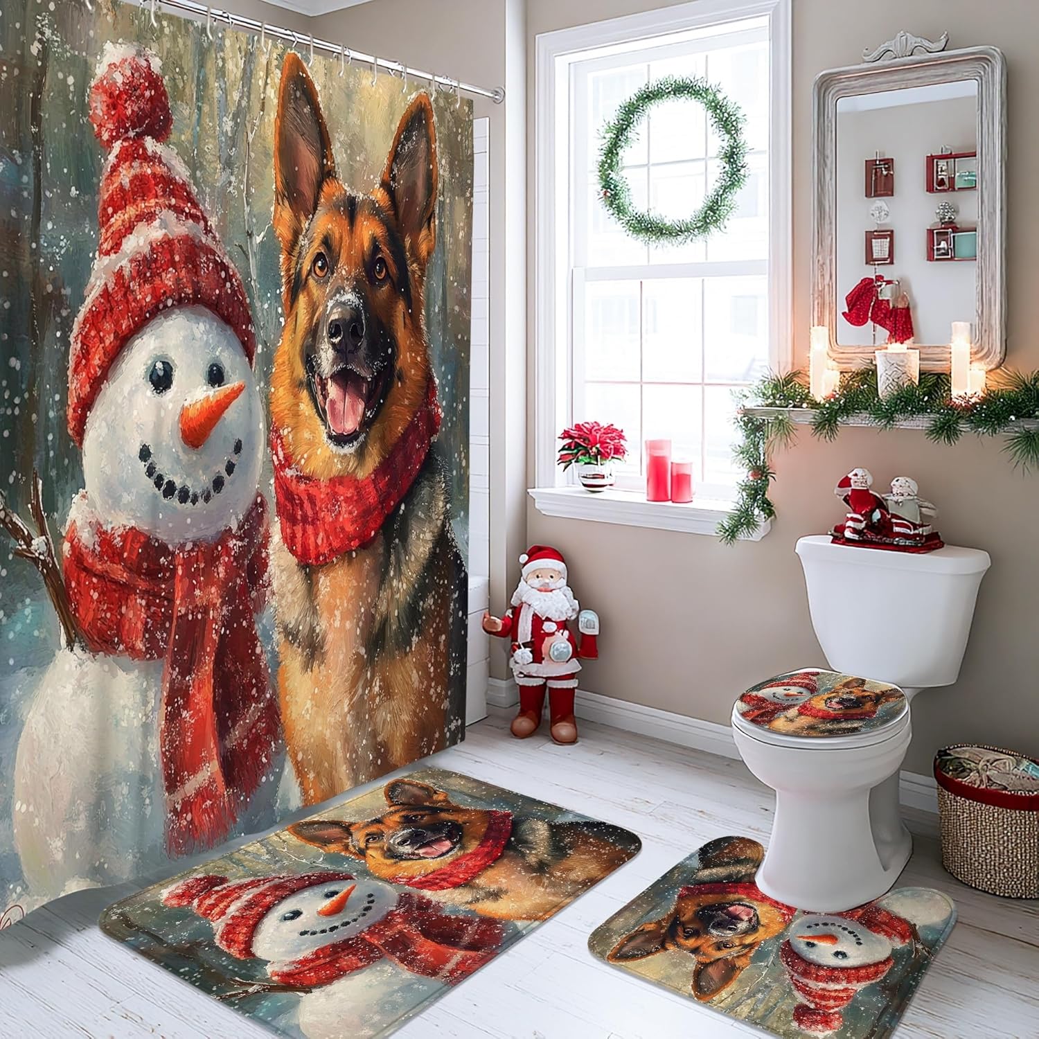 4PCS Winter Christmas German Shepherd Dog Bathroom Sets with Non-Slip Rug, U Shape Toilet Lid Cover Mat, Snowman Xmas Puppy Pet Bathroom Decoration 72''x72''