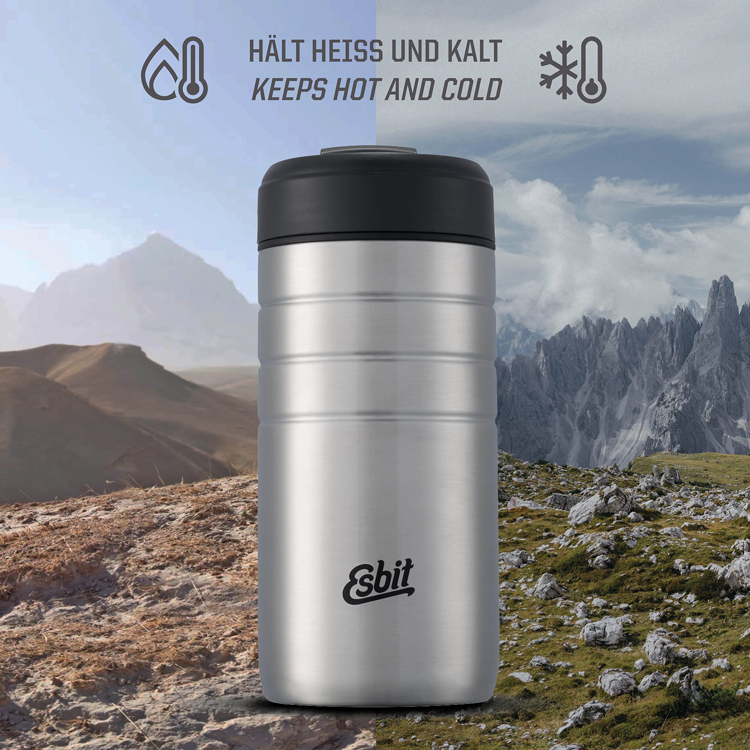Esbit Majoris kubek termiczny ze stali nierdzewnej z zamknięciem na zatrzask, czarny, srebrny i inny, 450 ml, kubek termiczny do gorących i zimnych napojów, do kawy i herbaty
