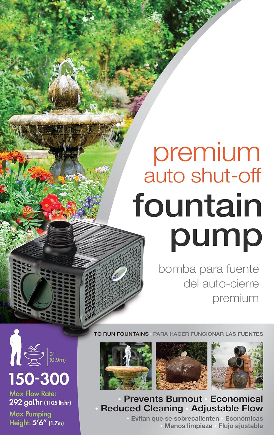 Pennington Aquagarden, Premium Auto Shut-Off Fountain Pump, Suitable for Garden Fountains, Water Features, Aquaponics & Hydroponics, 300 - 500 Gallon, 6’2” Pumping Height : Patio, Lawn & Garden