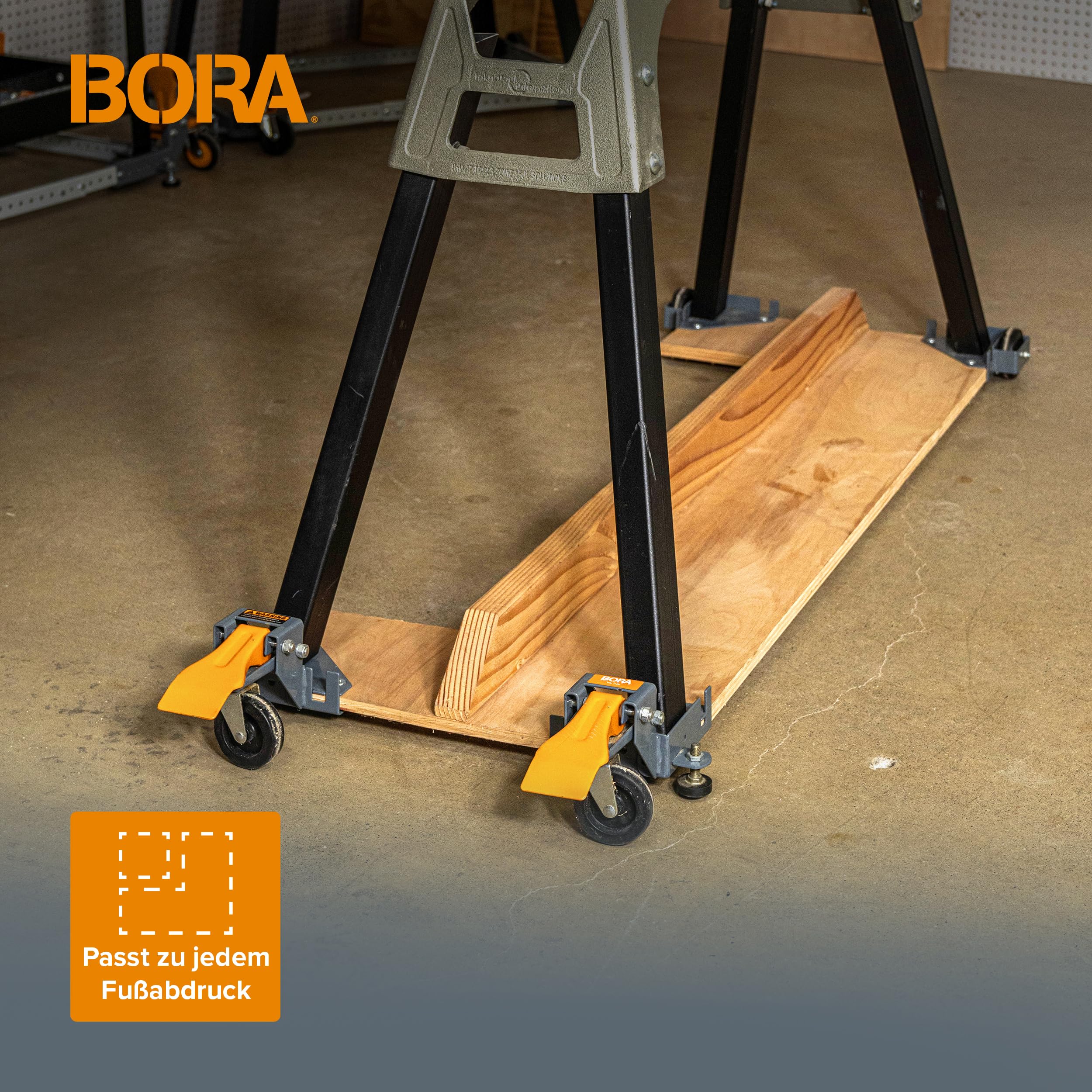 BORA Mobile Basis Set PM-1100 – Universelles Rollset, 180 kg Tragkraft, für Tischkreissäge, Bandsäge & Holzbearbeitungsmaschinen, Orange/Grau