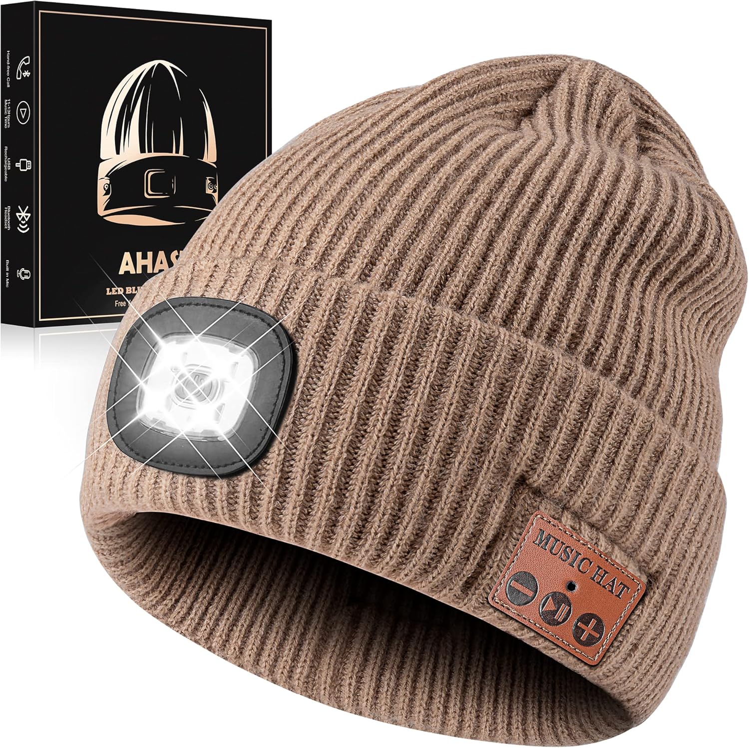 Bluetooth Beanie Hat with Light for Men, Rechargeable 4 Led Headlamp Cap Wireless Headphones, Gifts for Men Dad Teen