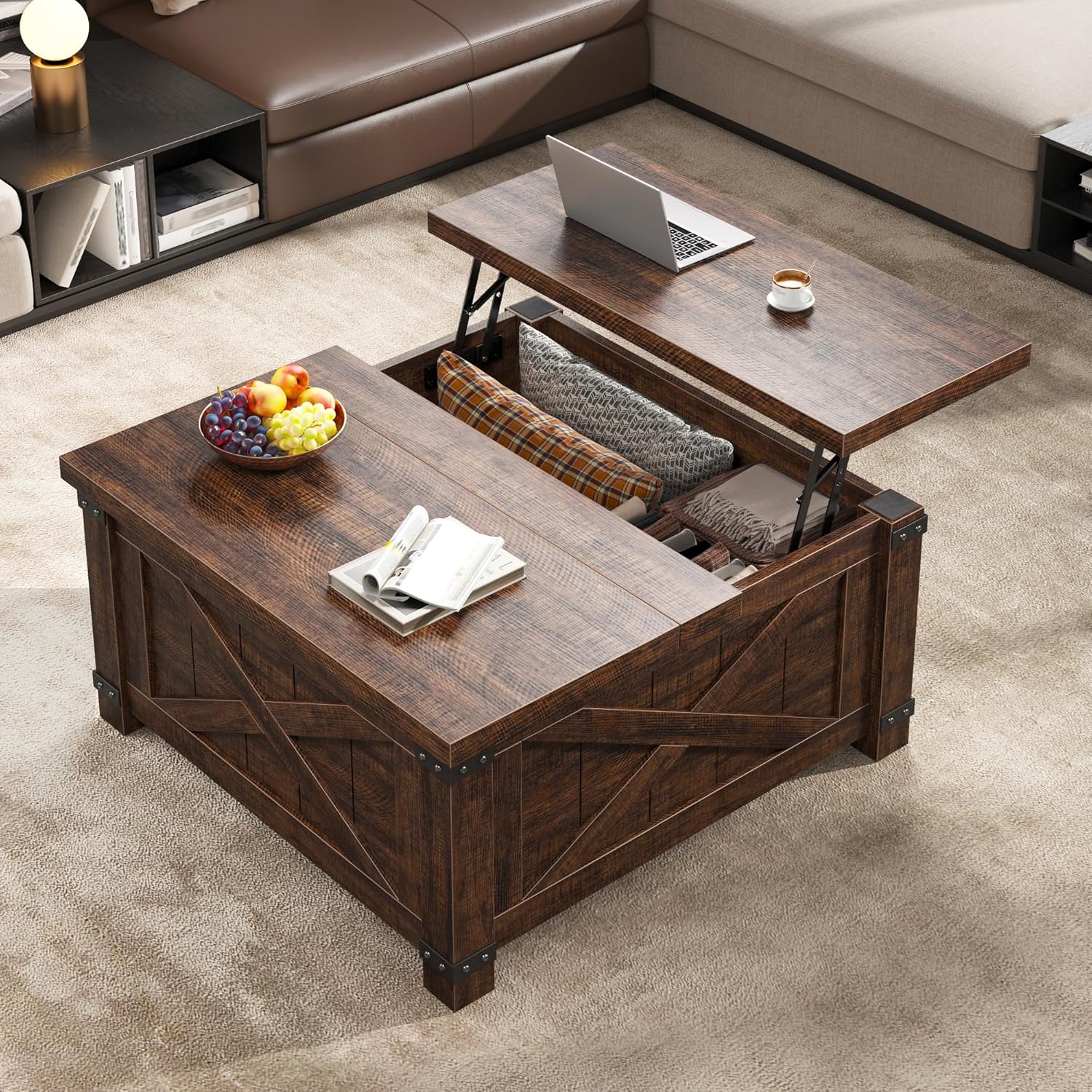 EnHomee Lift Top Coffee Table with Storage, 35.7" W Square Coffee Tables for Living Room, Small Coffee Table with Large Hidden Space, for Living Room, Bedroom, Home Office, White