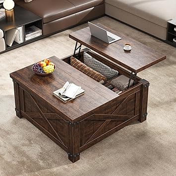 EnHomee Lift Top Coffee Table with Storage, 35.7" W Square Coffee Tables for Living Room, Small Coffee Table with Large Hidden Space, for Living Room, Bedroom, Home Office, Brown